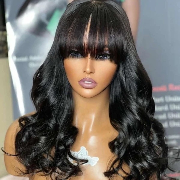 Gorgeous Natural Black Loose Wave With Bangs 4x4 Closure Lace Glueless Wig 100% Human Hair#nuiee