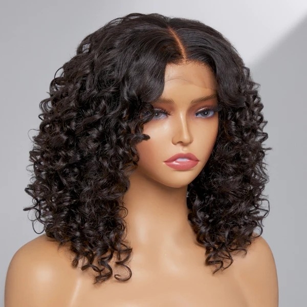 Casual Bouncy Curly 4x4 Closure Lace Glueless Mid Part Short Wig 100% Human Hair#nuiee