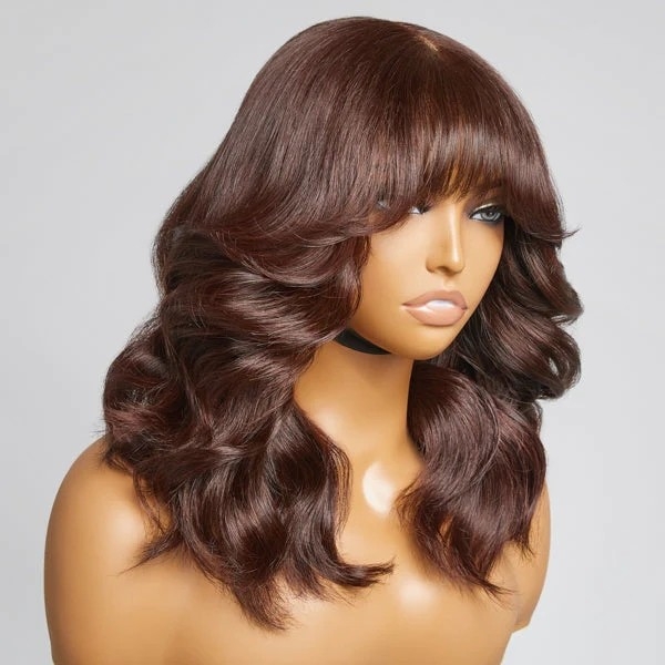 Limited Design | Layered Chocolate Brown Loose Body Wave With Bangs 4x4 Closure Lace Short Wig 100% Human Hair#nuiee