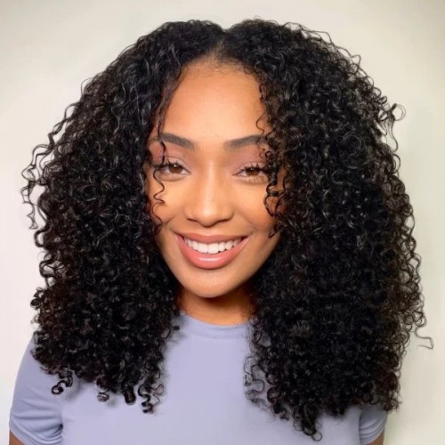 Beginner Friendly Jerry Curly V Part Natural Scalp Glueless Long Wig 100% Human Hair