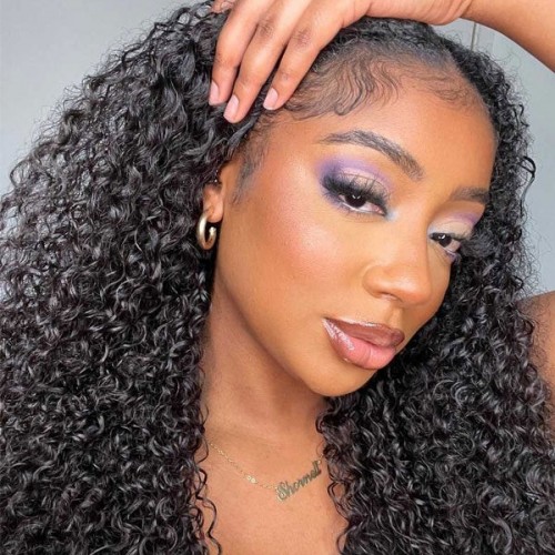 CurlyMe Water Wave V Part Wig Human Hair Glueless No Lace Wig Same As Thin Part