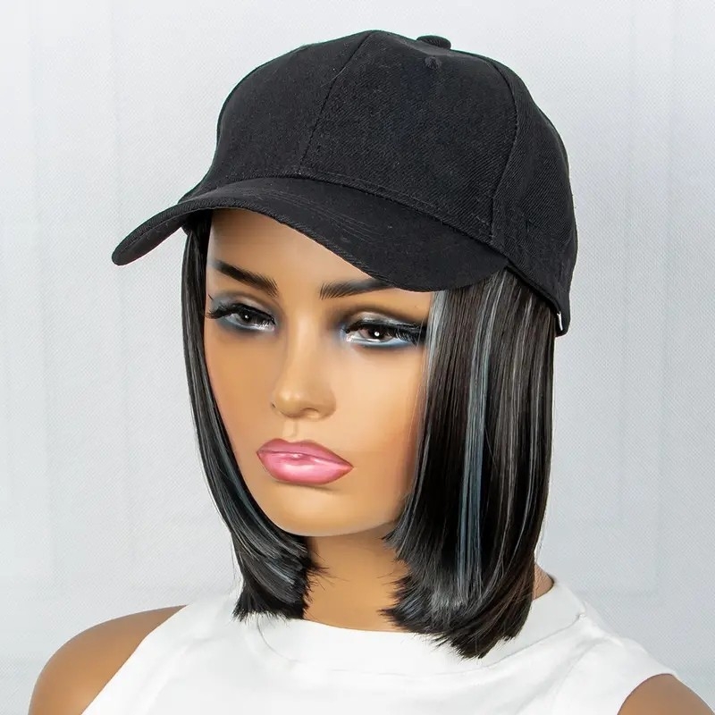 Short Baseball Wig Synthetic BoB Wig Natural Hair Extension Outdoor Women, Highlight Gray Blue