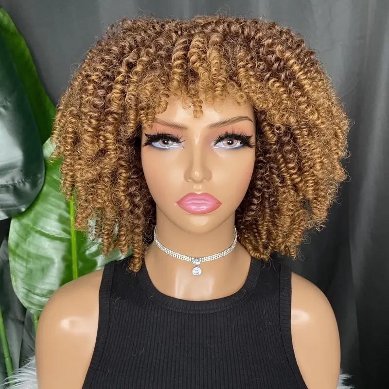 Curly Wig With Bangs For Women Short Kinky Curly Wig 14inch Afro Hair Halloween Party Christmas Cosplay Wigs (Brown)