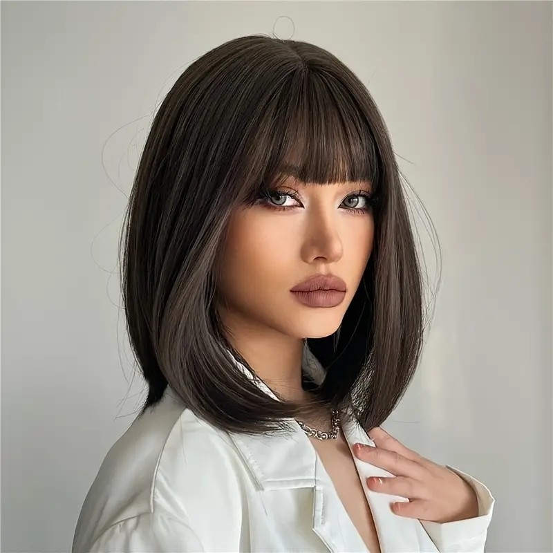 Short Black Brown Bob Wig With Bangs 14 Inch Glueless Dark Brown Short BOB Wig For Women Synthetic Wig Straight Brown Wigs With Bangs