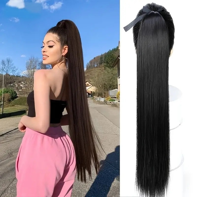 Straight Ponytail Extension With Clip In Wrap Around Ponytail For Women Long Synthetic Hair Pieces