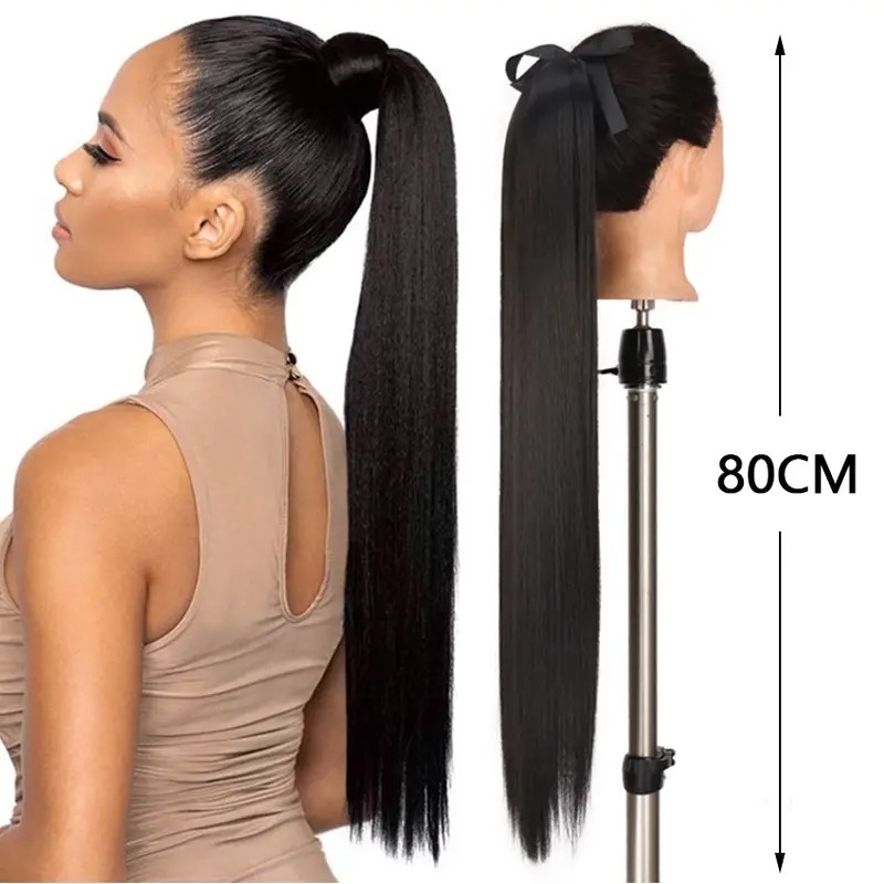 Straight Ponytail Extension With Clip In Wrap Around Ponytail For Women Long Synthetic Hair Pieces