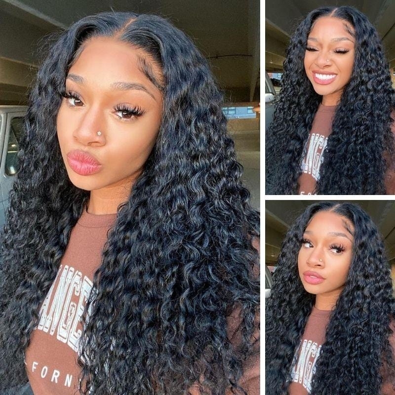 CurlyMe Water Wave V Part Wig Human Hair Glueless No Lace Wig Same As Thin Part_V Part Wigs