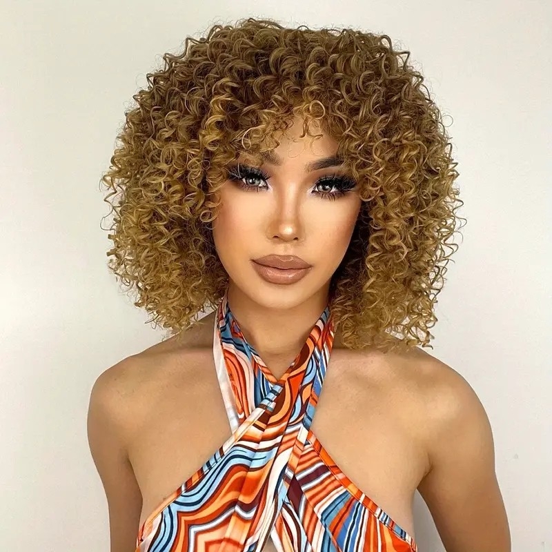 Short Curly Kinky Afro Wigs With Bangs For Women Synthetic Rose Net Hair Replacement Wigs For Women