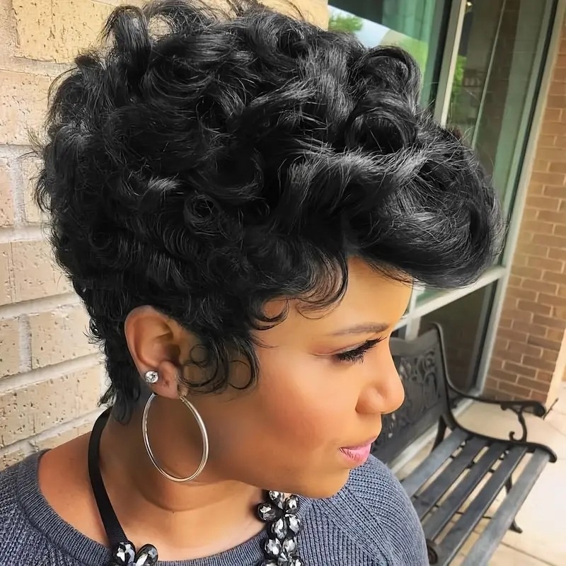 Natural Black Short Pixie Cut Wigs For Women Curly Hair Replacement Short Black Layered Wavy Pixie Wigs With Bangs 4 Inch