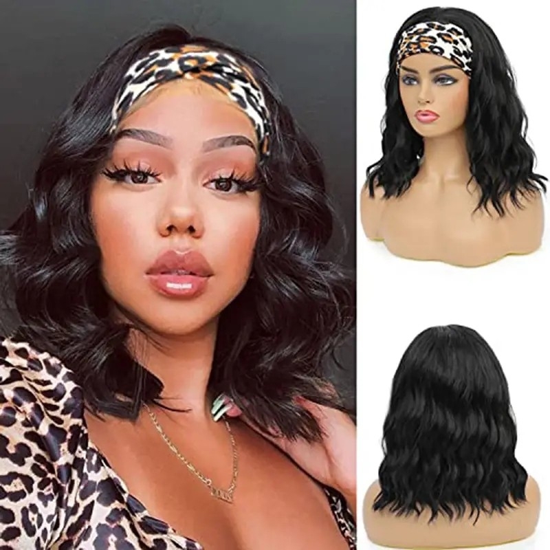 Headband Wig Short Wavy Bob Wigs Natural Curly Wigs With Headband Shoulder Length Wigs Natural Black 14 Inch Glueless Wigs