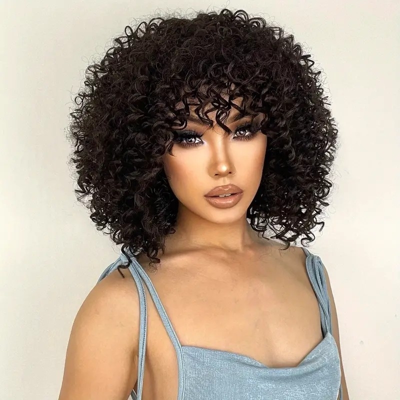 Short Curly Kinky Afro Wigs With Bangs For Women Synthetic Rose Net Hair Replacement Wigs For Women_@eullair_wigs_luvme hair