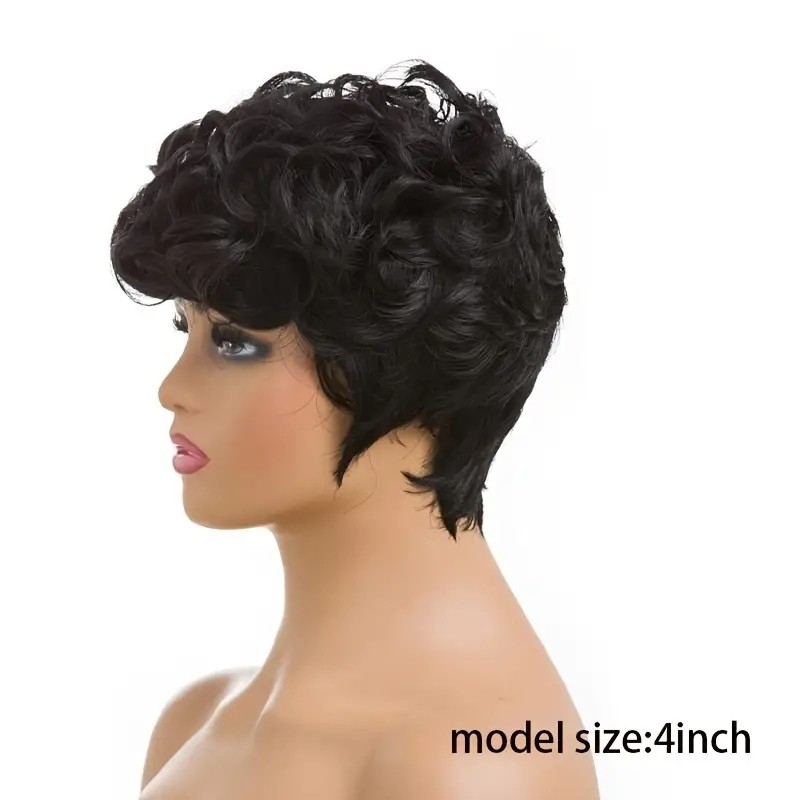 Natural Black Short Pixie Cut Wigs For Women Curly Hair Replacement Short Black Layered Wavy Pixie Wigs With Bangs 4 Inch_@eullair_wigs_luvme hair