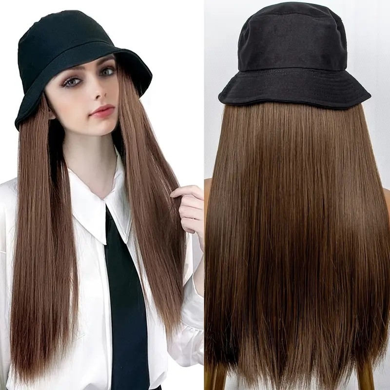 Women's Bucket Hats With Hair Extension, Hat With Long Straight Hair Wig, Hat And Glueless Wig For Daily_@eullair_wigs_luvme hair