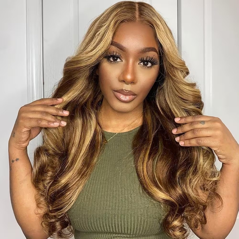 Jailyn Marie Glueless 6x4.75 Pre Cut Lace Honey Blonde Highlight Body Wave Human Hair Wigs with Breathable Cap Beinnger Wig