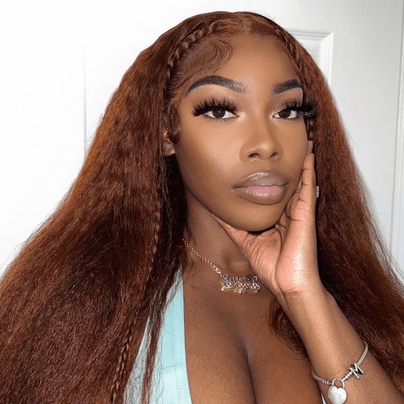 Jailyn Marie Pre-Cut Lace 33B Auburn Kinky Straight 4x4 Lace Closure Wigs Pre-plucked Huaman Hair Wigs with Breathable Cap