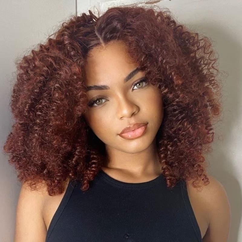 Jailyn Marie Pre-Cut Lace Afro Kinky Curly 13x4 Lace Front Wigs 33B Auburn Human Hair Wig with 4C Edges Baby Hair