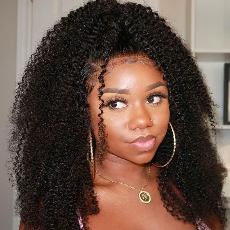 Jailyn Marie Guleless Natural Black Kinky Curly 4x4 Pre-Cut Lace Closure Wigs Human Hair Wigs Pre-plucked