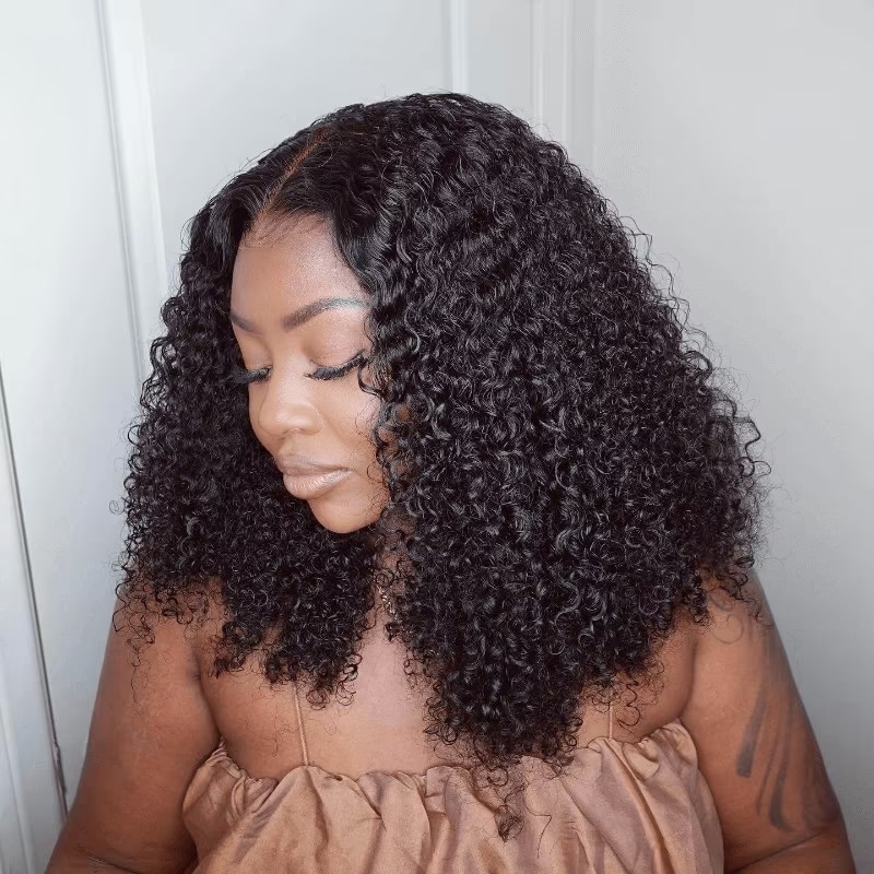 Jailyn Marie Guleless Natural Black Kinky Curly 4x4 Pre-Cut Lace Closure Wigs Human Hair Wigs Pre-plucked