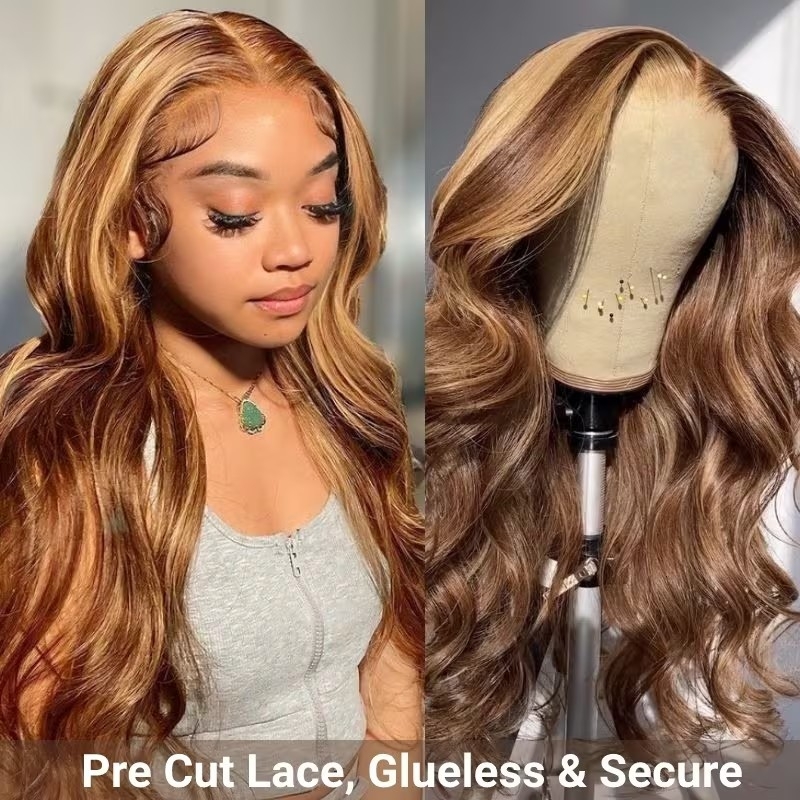 MsRoshPosh@ Glueless 6x4.75 Pre Cut Lace Honey Blonde Highlight Body Wave Human Hair Wigs with Breathable Cap Beinnger Wig