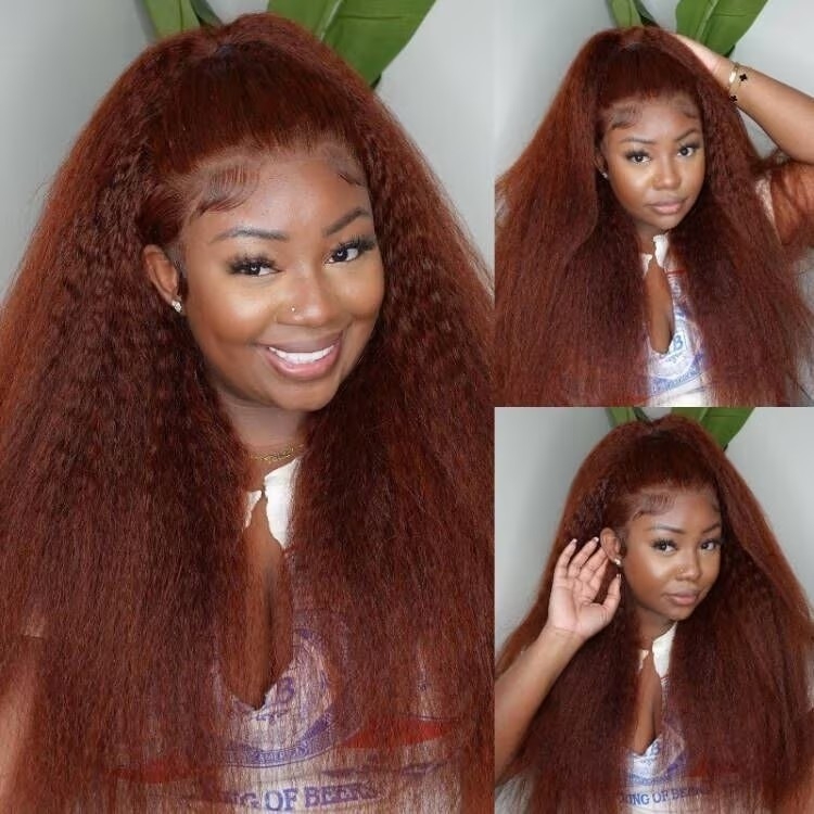 MsRoshPosh@ Pre-Cut Lace 33B Auburn Kinky Straight 4x4 Lace Closure Wigs Pre-plucked Huaman Hair Wigs with Breathable Cap