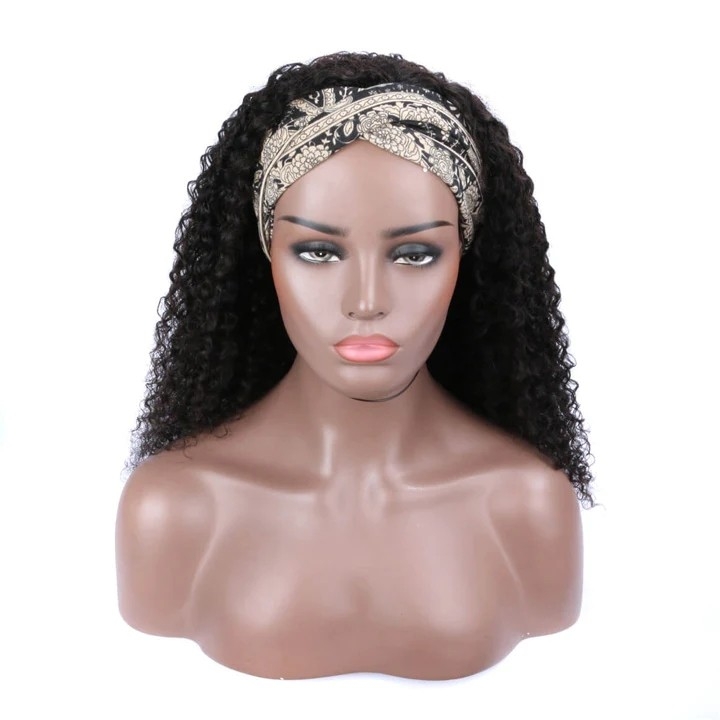 QUEENCAY Curly Headband Wigs Human Hair Brazilian Virgin Hair Half Wigs For African American Women _Headband Wigs