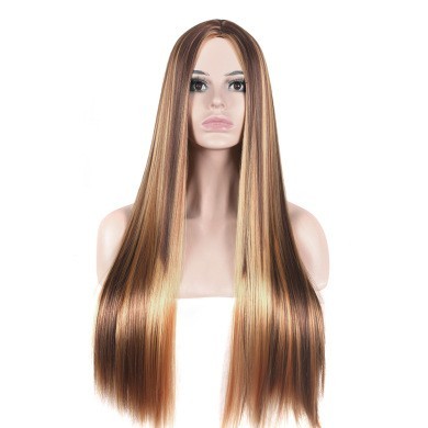 Women's brown golden gradient long straight hair rose net wig#Synthetic