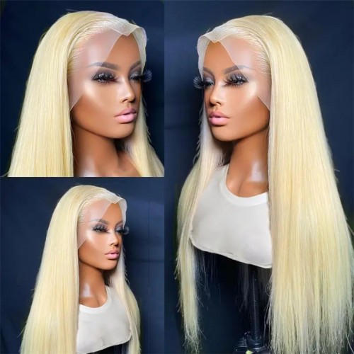 13x1 T Part Straight 613 Honey Blonde Long Straight Human Hair Wigs, 150% Density Lace Frontal Wig With Baby Hair