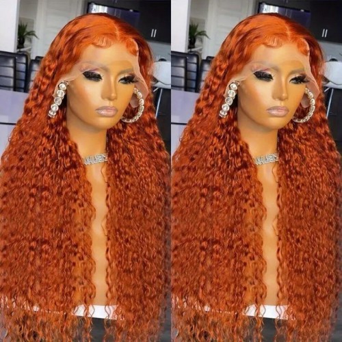 180% Density Ginger Orange Deep Wave Human Hair Wigs 13x4 HD Transparent Lace Front Hair Wigs For Women Girls 16-30 Inch