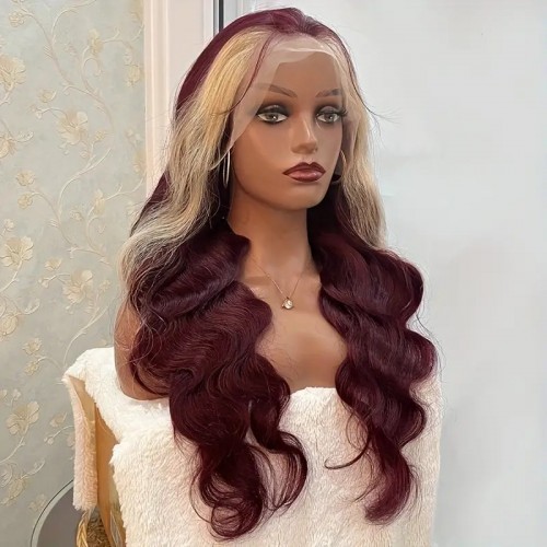 Body Wave 13x4 Lace Frontal Human Hair Wig Glueless Remy Human Hair Wigs For Women Girls 99j Burgundy With 613 Color