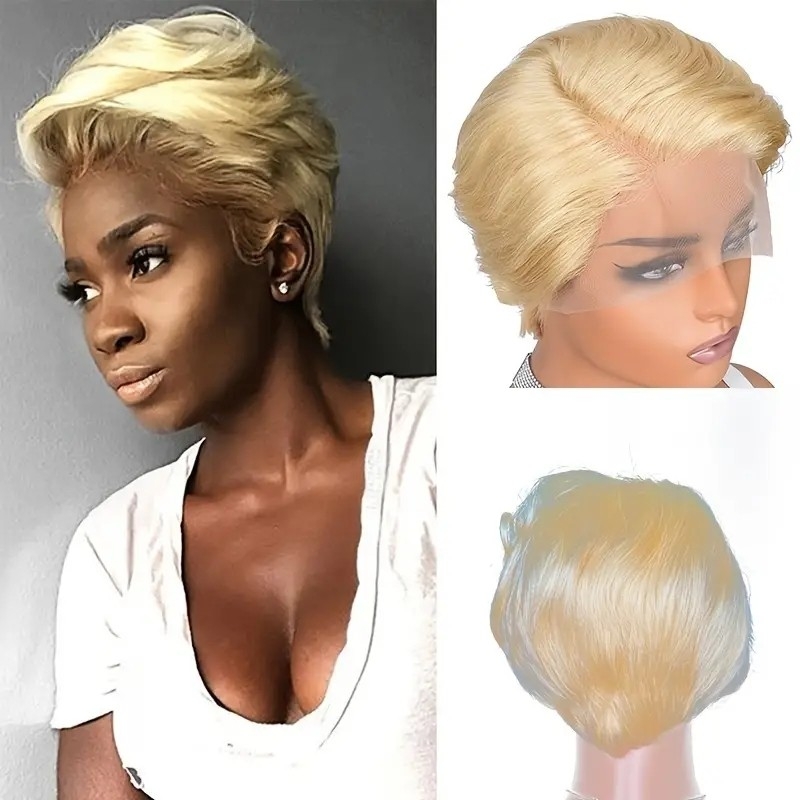 613# Short Pixie Cut Wig T Part Lace Wigs Pixie Cut Wigs For Women Peruvian Remy Blonde Side Part Pixie Cut Human Hair Wig@MsRoshPosh