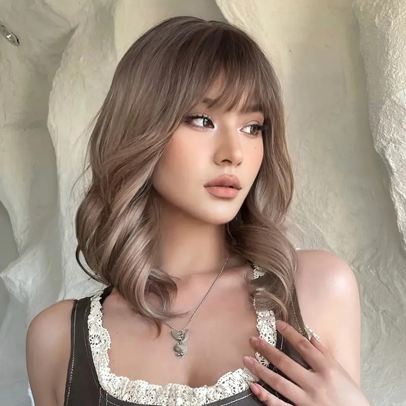 20 Inch Brown Ombre Wig With Bangs For Women Girls Bob Hair Wigs Short Curly Wavy Shoulder Length Synthetic Wig Natural Looking_wig_wigs_hair