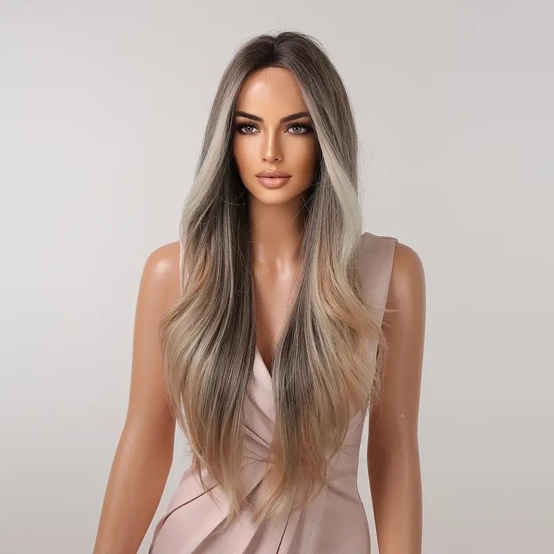 26 Inch Natural Wavy Wigs For Women Blonde Mixed Grey Ombre With Lace In The Forehead Middle Part Glueless Wig Synthetic Wig_wig_wigs_hair