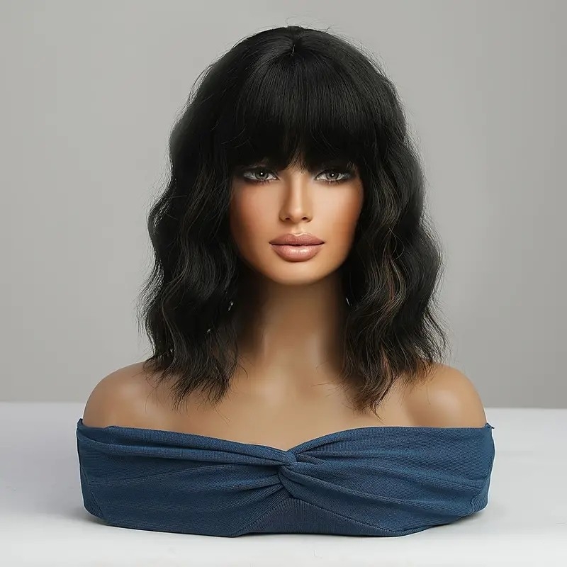 Short Wavy Bob Hair Wigs With Straight Bangs, Synthetic Women Hair Wig For Daily Use, Bob Curly Wig Synthetic Natural Looking Heat Resistant Fiber Wig_Wigs_Wig_hair