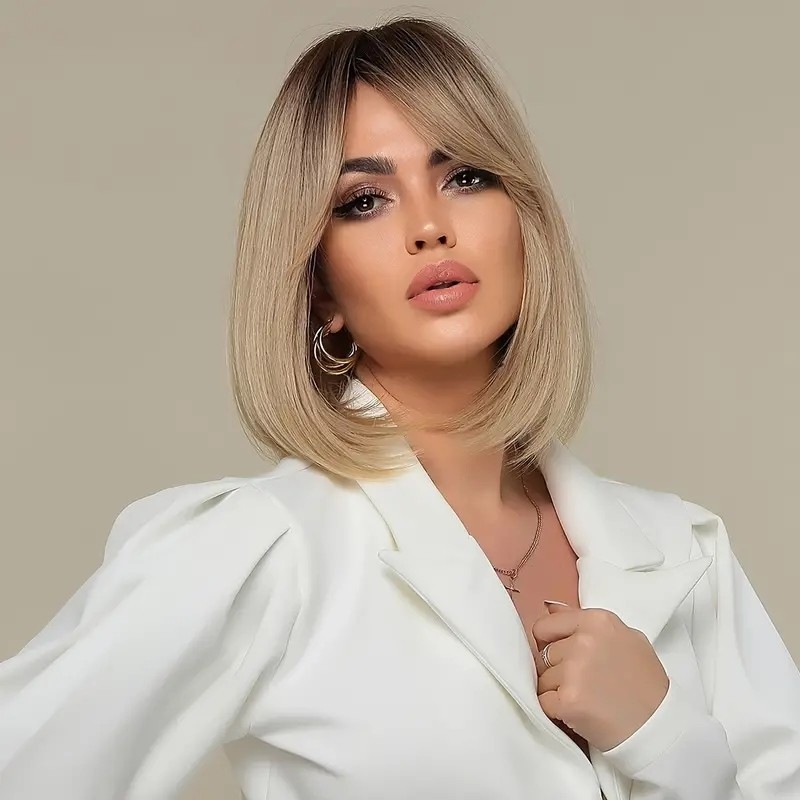 Ombre Blonde Bob Wigs With Bangs 14 Inch Natural Straight Dark Roots Wigs Synthetic Soft Straight Bob Wigs For Daily Party Wear_Wigs_Wig_hair