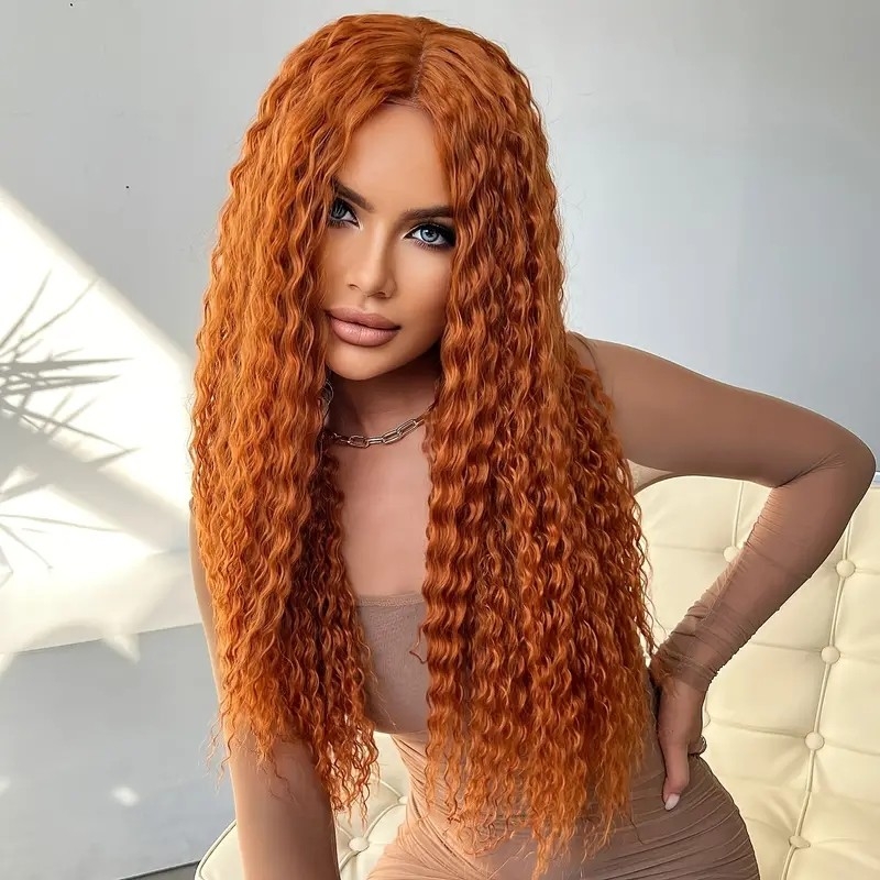 26 Inch Ginger Orange T Part Lace Hair Wigs Punk Style Curly Synthetic Fiber Hair Wigs For Women Girls_Wigs_Wig_hair