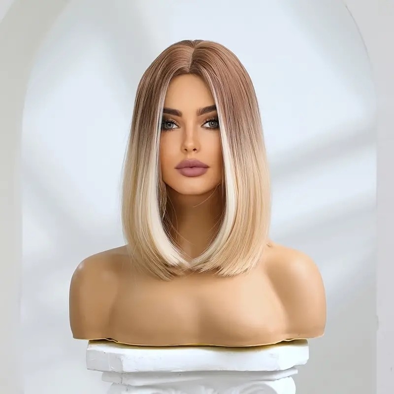 Blonde Bob Wig, Shoulder Length Straight Bob Wigs With Middle Part, Honey Blonde Bob Wigs With Dark Roots For Women,Synthetic No Lace Replacement Cosplay Party Wig_Wigs_Wig_hair