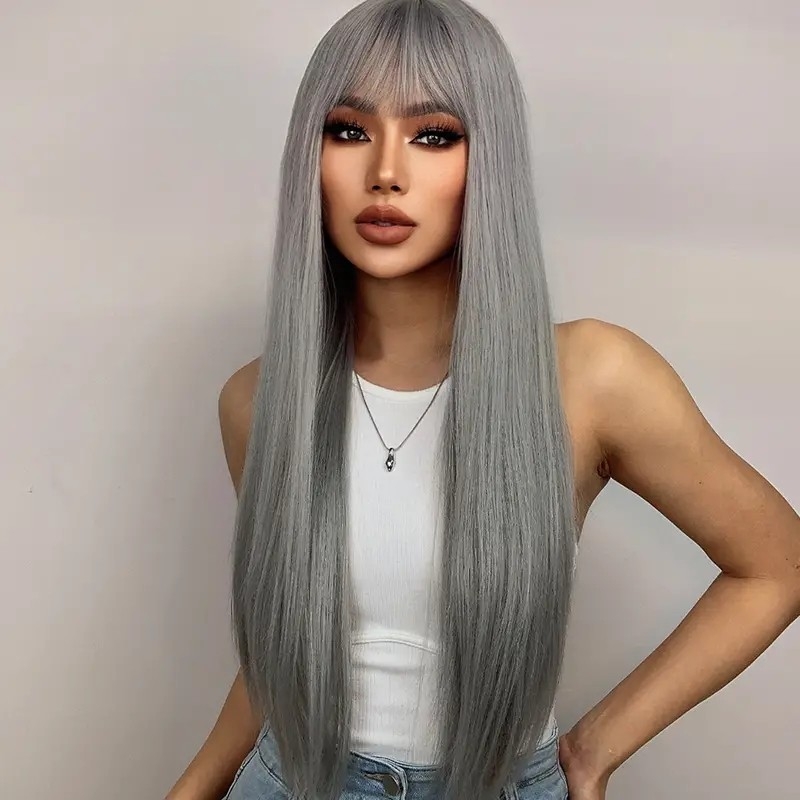 28 inch Long Gray Wig with Bangs,Straight Gray Wigs for Women,Heat Resistant Synthetic wig for Fashion Women_Wigs_Wig_hair