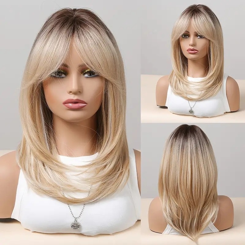 20 Inch Short Ombre Blonde Brown Straight Bob Wigs For Women Cute Bob Layered Mixed Blonde Synthetic Nature Looking Straight Hair Wigs