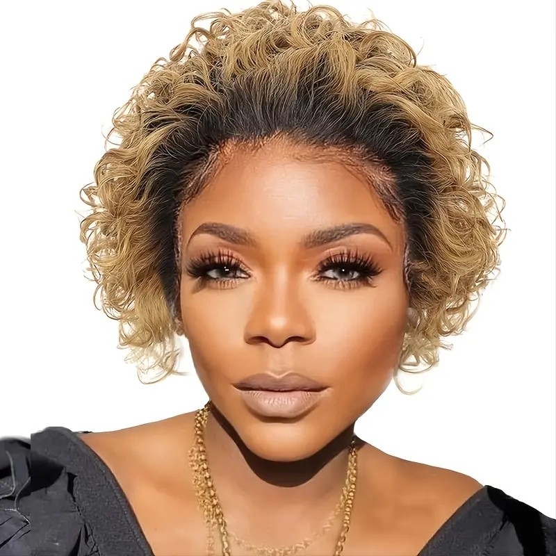 Honey Blonde Pixie Cut Wigs Pre Plucked Ombre Bob 13x1 Lace Front Wigs Short Curly Human Hair Wigs Brazilian Hair Deep Water Wave