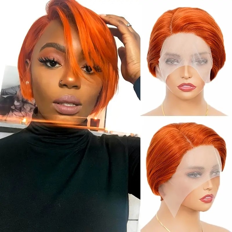 6 INCH Pixie Cut Wig Orange Short Lace Front Wigs Human Hair Pre Plucked Straight 13X1 Side Part Transparent HD Lace Front Wigs Human Hair For Women With Baby Hair 180% Density@slayedbyjordan