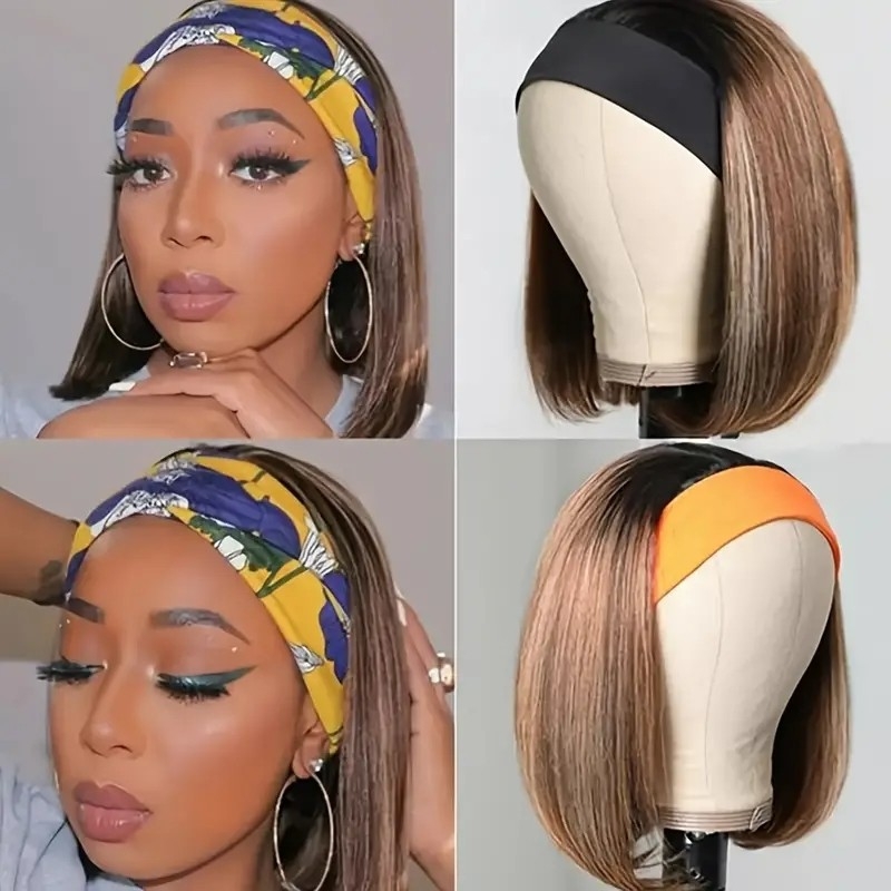 Highlight Ombre Bob Wig Human Hair Bob Straight Highlight Wigs, Human Hair Ombre Brown Short Bob Wig@dashaedadoll