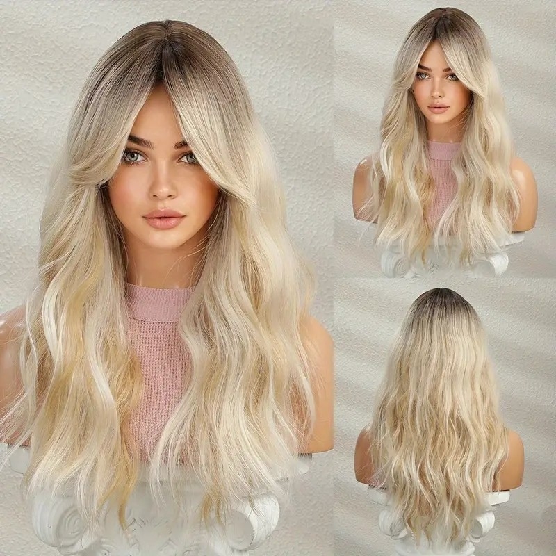 Blonde Wig Long Wavy Wig For Women Middle Part Wavy Wigs Synthetic Heat Resistant Party Wigs (Ombre Ash Blonde)