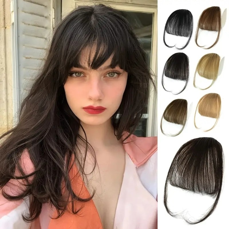 Clip In Bangs 100% Human Hair Extensions Reddish Brown Clip On Fringe Bangs With Nice Net Natural Flat Neat Bangs With Temples For Women One Piece Hairpiece