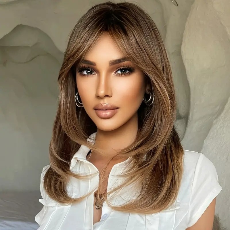 Butterfly Haircut Short Ombre Brown Mixed Blonde Bob Wigs For Women Cute Bob Layered Straight Synthetic Wigs Nature Looking Hair Wigs