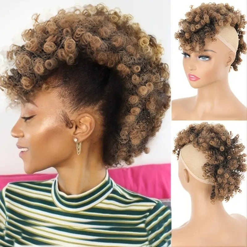 High Puff Afro Mohawk Ponytail, Short Curly Ponytail Extension, Mohawk Synthetic Hair Chignon With Bangs, Brown Ponytail Clip In Hair Extensions