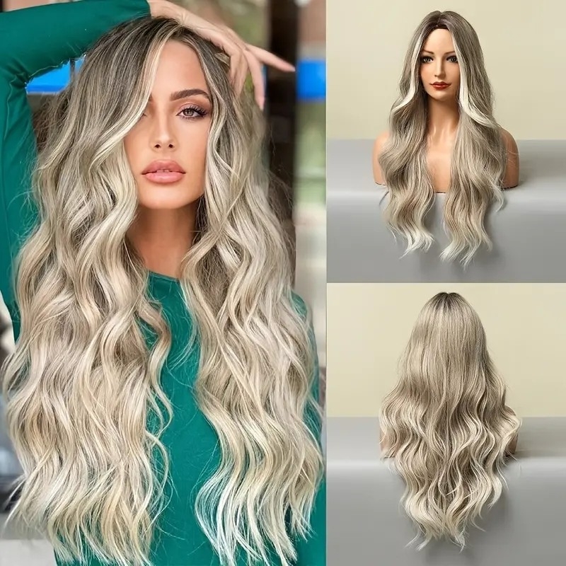 Blonde Wig Long Wavy Wig For Women Middle Part Wavy Wigs Synthetic Heat Resistant Party Wigs (Ombre Ash Blonde)@IAMSHERIKAB