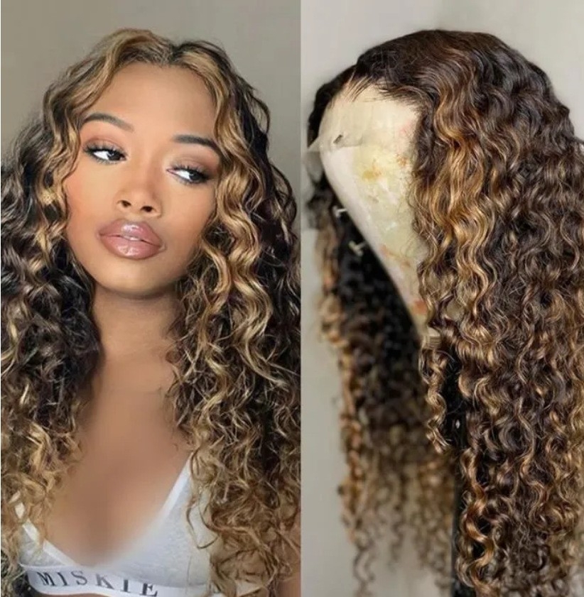 African small curl wigs: European and American ladies' long curly wigs with center parting and highlighted colors, made with machine-made synthetic fiber. Afro wigs