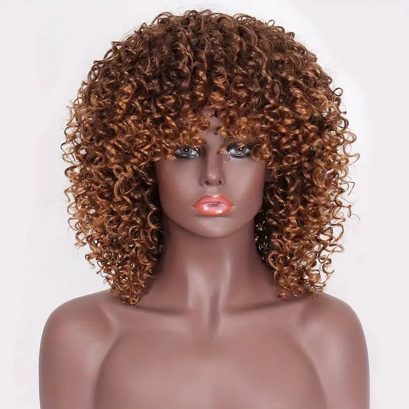 Gray Synthetic Afro Kinky Curly Wigs With Bangs For Women Synthetic Fiber Hair Replacement Wigs For Cosplay Party Daily Wear