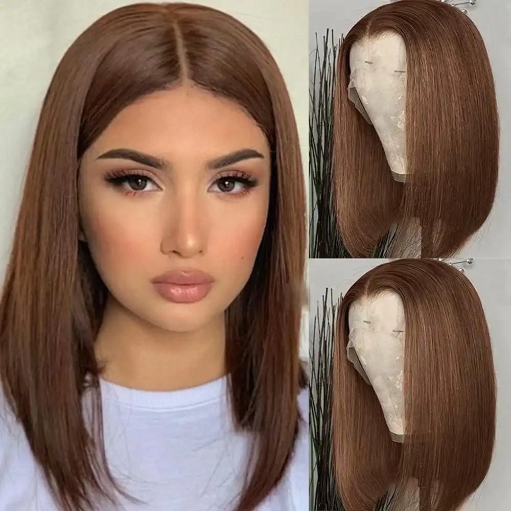 IAMSHERIKSB #4 Chorolate Brown Short Bob Lace Front Straight Bob Wigs Human Hair Wigs