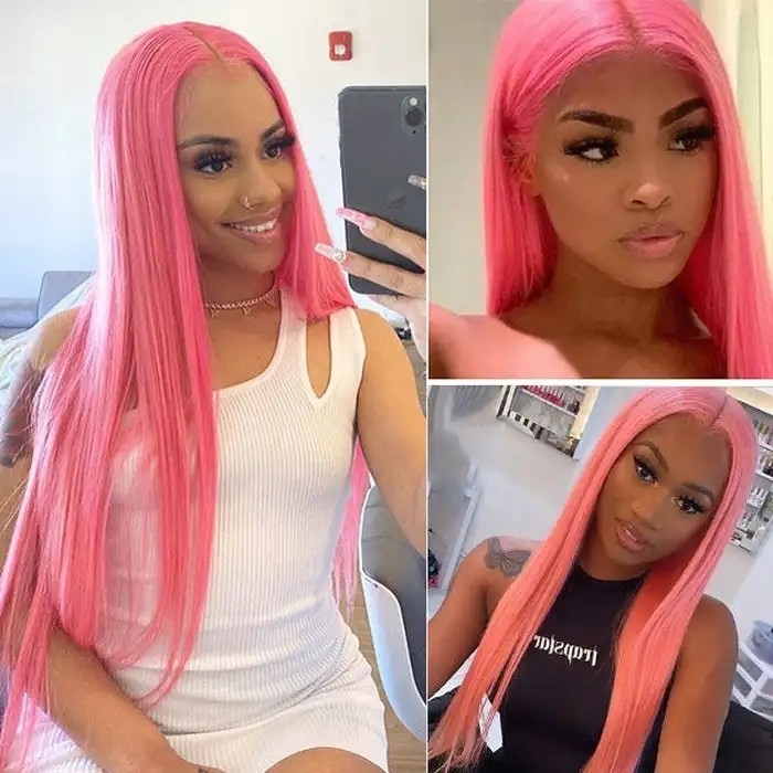 IAMSHERIKSB Pink 13x4 Front Lace Wig Straight Lace Front Brazilian 200% Density Human Hair Wig